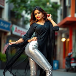 An Indian woman confidently showcases her figure wearing shimmering silver leggings paired with an elegant black kurti