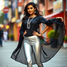 An Indian woman confidently showcases her figure wearing shimmering silver leggings paired with an elegant black kurti