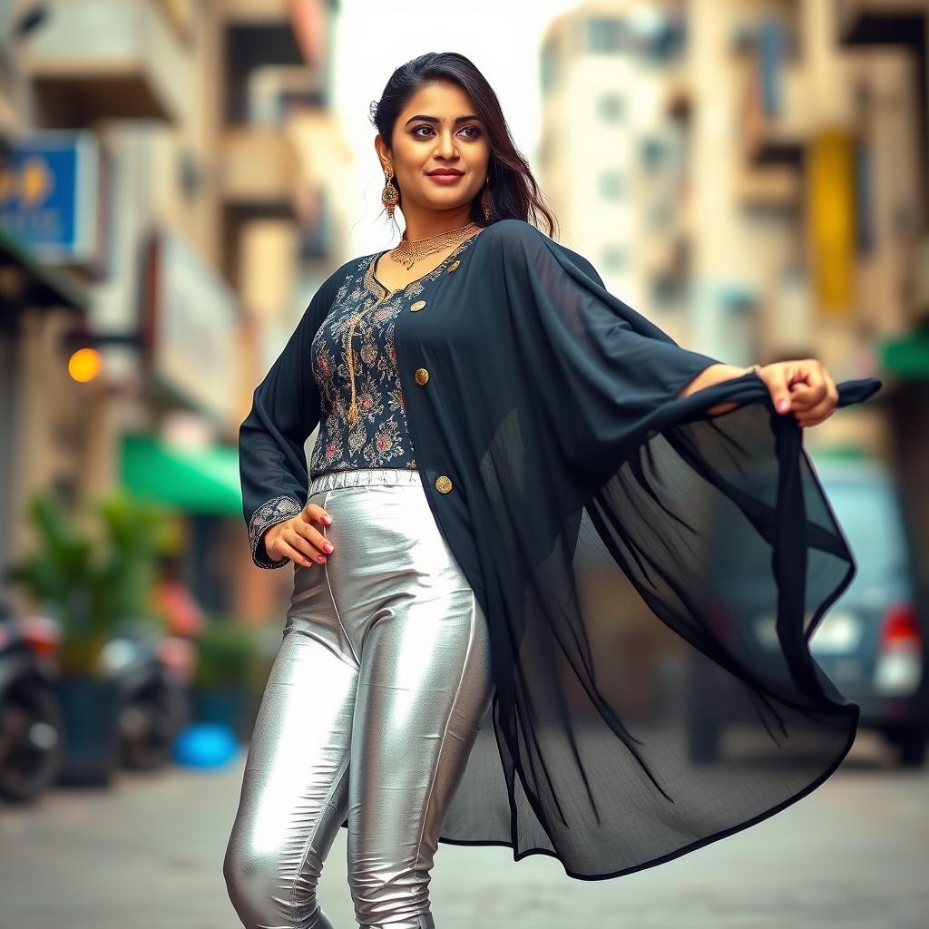 An Indian woman confidently showcases her figure wearing shimmering silver leggings paired with an elegant black kurti