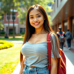 A stunning Indonesian university woman with an alluring figure and very large breasts, dressed in fashionable casual clothing