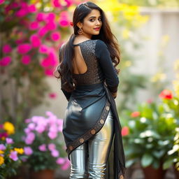 A beautiful Indian woman standing with her back towards the viewer, wearing glossy silver leggings that shimmer in the light and a stylish black kurti that drapes elegantly over her figure