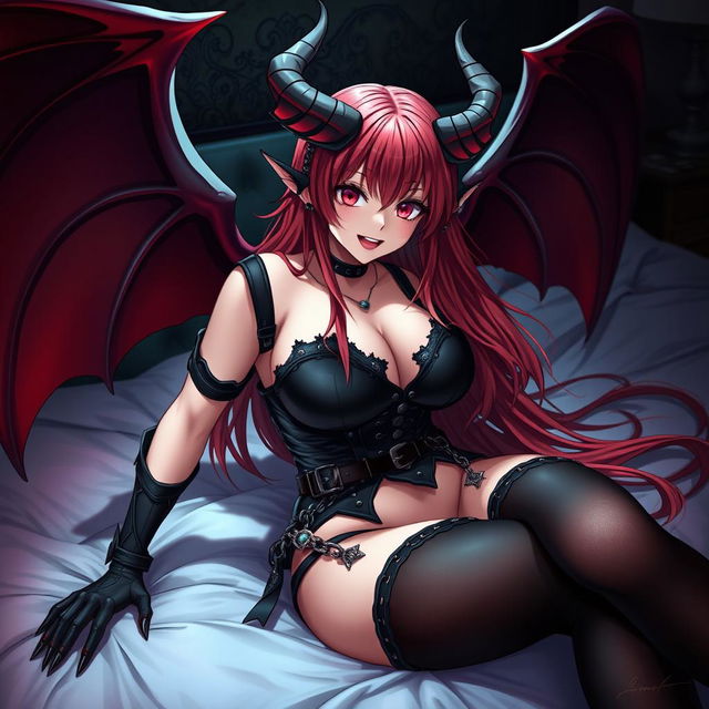 A sexy demon gothic anime girl with striking demonic wings and prominent horns, featuring long, flowing red hair and voluptuous breasts