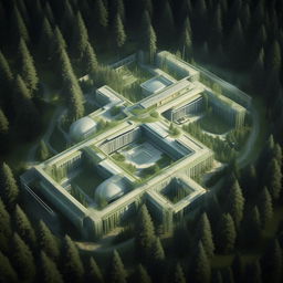 aerial view futuristic maximum-security penitentiary in the middle of forest in broad daylight based on https://files.dreamhome.software/files/static/36926