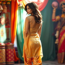 An Indian woman wearing dazzling golden leggings and a beautifully transparent kurti, showcasing her elegant back