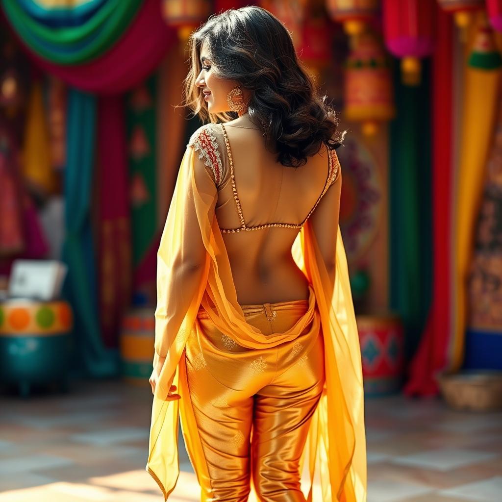 An Indian woman wearing dazzling golden leggings and a beautifully transparent kurti, showcasing her elegant back