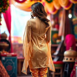 An Indian woman wearing dazzling golden leggings and a beautifully transparent kurti, showcasing her elegant back