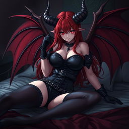 A sexy demon gothic anime girl with striking demonic wings and prominent horns, flaunting long, flowing red hair and voluptuous breasts