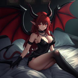 A sexy demon gothic anime girl with striking demonic wings and prominent horns, flaunting long, flowing red hair and voluptuous breasts