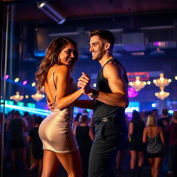 An alluring woman wearing a stylish short dress, elegantly showcasing her figure, dances energetically with a handsome young man who has a captivating smile
