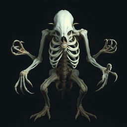 A pale, eerie creature with a strikingly exposed ribcage, showcasing haunting and intricate skeletal structures