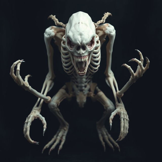 A pale, eerie creature with a strikingly exposed ribcage, showcasing haunting and intricate skeletal structures