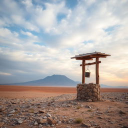 A picturesque desert landscape featuring scattered stones and patches of grass, with a striking background of a blue sky full of soft, hazy clouds