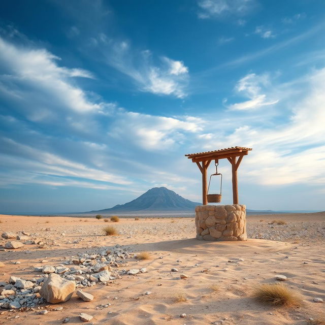 A picturesque desert landscape featuring scattered stones and patches of grass, with a striking background of a blue sky full of soft, hazy clouds