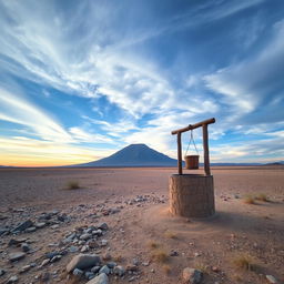 A picturesque desert landscape featuring scattered stones and patches of grass, with a striking background of a blue sky full of soft, hazy clouds