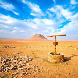 A picturesque desert landscape featuring scattered stones and patches of grass, with a striking background of a blue sky full of soft, hazy clouds
