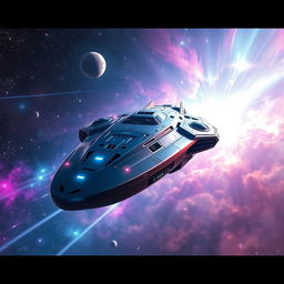 A stunning visual of the Sym Galaxy NA180 spaceship in a vibrant, cosmic setting