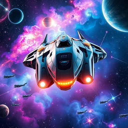 A stunning visual of the Sym Galaxy NA180 spaceship in a vibrant, cosmic setting