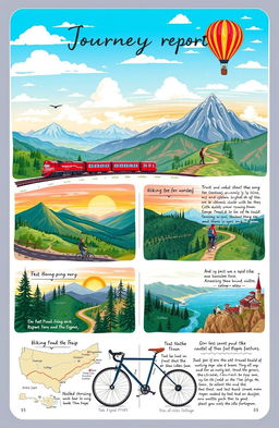 A beautifully illustrated journey report that includes various modes of travel such as a majestic train crossing a scenic landscape, a hot air balloon floating over lush valleys, a hiking trail winding through dense forests, and a sleek bicycle cruising along a coastal road