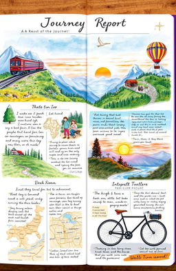 A beautifully illustrated journey report that includes various modes of travel such as a majestic train crossing a scenic landscape, a hot air balloon floating over lush valleys, a hiking trail winding through dense forests, and a sleek bicycle cruising along a coastal road