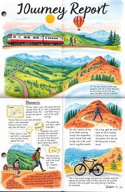 A beautifully illustrated journey report that includes various modes of travel such as a majestic train crossing a scenic landscape, a hot air balloon floating over lush valleys, a hiking trail winding through dense forests, and a sleek bicycle cruising along a coastal road