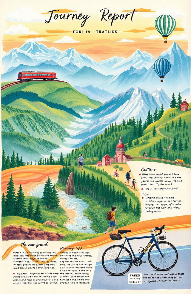 A beautifully illustrated journey report that includes various modes of travel such as a majestic train crossing a scenic landscape, a hot air balloon floating over lush valleys, a hiking trail winding through dense forests, and a sleek bicycle cruising along a coastal road