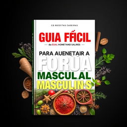 A visually striking and engaging cover design for an e-book titled 'GUIA FÁCIL PARA AUMENTAR A FORÇA SEXUAL MASCULINA COM RECEITAS CASEIRAS'