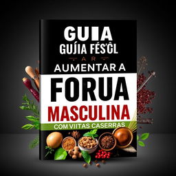 A visually striking and engaging cover design for an e-book titled 'GUIA FÁCIL PARA AUMENTAR A FORÇA SEXUAL MASCULINA COM RECEITAS CASEIRAS'