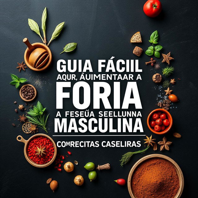 A visually striking and engaging cover design for an e-book titled 'GUIA FÁCIL PARA AUMENTAR A FORÇA SEXUAL MASCULINA COM RECEITAS CASEIRAS'