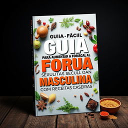 A visually striking and engaging cover design for an e-book titled 'GUIA FÁCIL PARA AUMENTAR A FORÇA SEXUAL MASCULINA COM RECEITAS CASEIRAS'