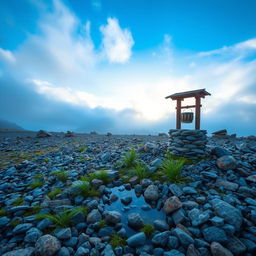 A serene landscape featuring a short expanse of semi-desert land filled with stacked stones and a few scattered boulders