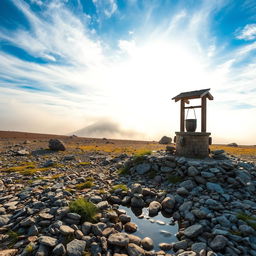 A serene landscape featuring a short expanse of semi-desert land filled with stacked stones and a few scattered boulders
