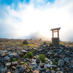 A serene landscape featuring a short expanse of semi-desert land filled with stacked stones and a few scattered boulders