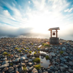 A serene landscape featuring a short expanse of semi-desert land filled with stacked stones and a few scattered boulders