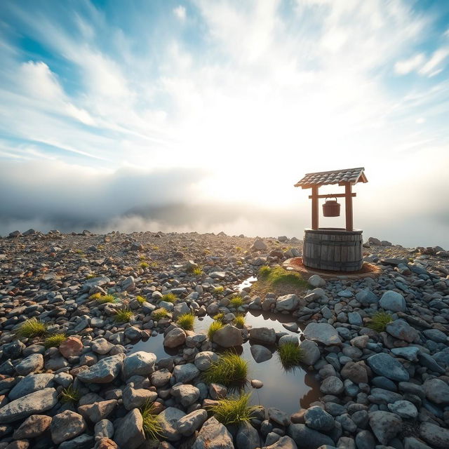 A serene landscape featuring a short expanse of semi-desert land filled with stacked stones and a few scattered boulders