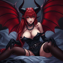 A seductive demon gothic anime girl featuring dramatic demonic wings and striking horns, with long, flowing red hair cascading down her back