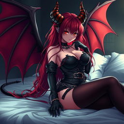A seductive demon gothic anime girl featuring dramatic demonic wings and striking horns, with long, flowing red hair cascading down her back
