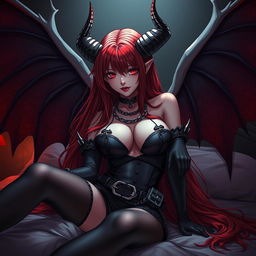 A seductive demon gothic anime girl featuring dramatic demonic wings and striking horns, with long, flowing red hair cascading down her back