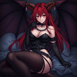A captivating and seductive demon gothic anime girl, featuring striking demonic wings and prominent horns that accentuate her alluring presence
