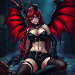 A captivating and seductive demon gothic anime girl, featuring striking demonic wings and prominent horns that accentuate her alluring presence