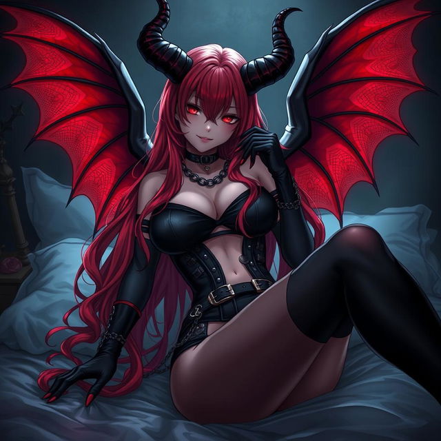 A captivating and seductive demon gothic anime girl, featuring striking demonic wings and prominent horns that accentuate her alluring presence