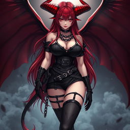 A strikingly sexy demon gothic anime girl characterized by her dramatic demonic wings and prominent horns