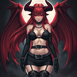 A strikingly sexy demon gothic anime girl characterized by her dramatic demonic wings and prominent horns