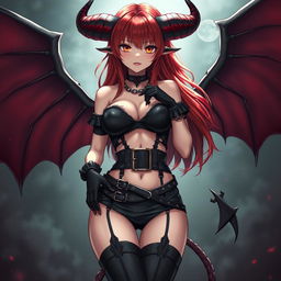 A strikingly sexy demon gothic anime girl characterized by her dramatic demonic wings and prominent horns