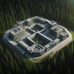 aerial view futuristic maximum-security penitentiary in the middle of forest in broad daylight based on https://files.dreamhome.software/files/static/36926