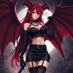 A strikingly sexy demon gothic anime girl characterized by her dramatic demonic wings and prominent horns