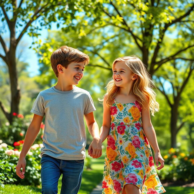 A charming scene featuring a boy and girl walking closely together, smiling, and enjoying each other's company