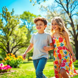 A charming scene featuring a boy and girl walking closely together, smiling, and enjoying each other's company