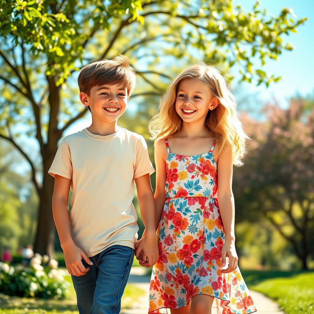 A charming scene featuring a boy and girl walking closely together, smiling, and enjoying each other's company