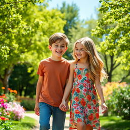 A charming scene featuring a boy and girl walking closely together, smiling, and enjoying each other's company