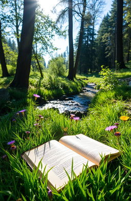 A serene and beautiful nature scene featuring a few open books lying on a soft bed of vibrant green grass